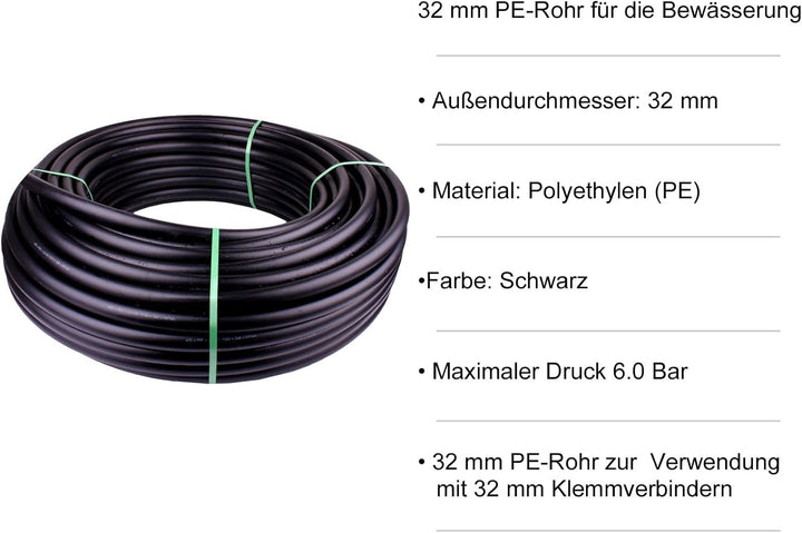Rohr PN6 Verlegerohr Wasserleitung Versorgungsleitung Bewässerung 16mm 20mm 25mm 32mm (32 mm x 50 m)