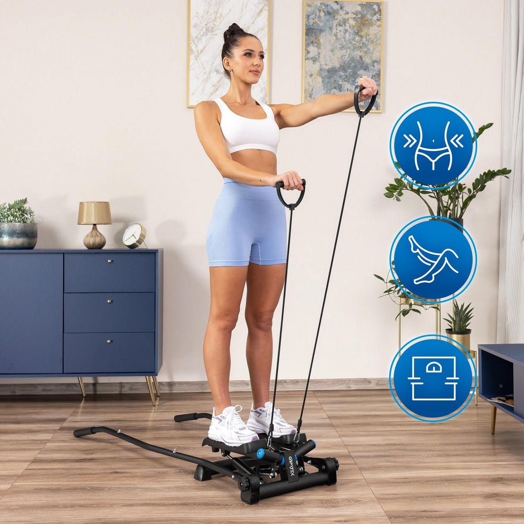 Gymtek Stepper, Drehstepper mit Haltegriffen & Expanderbänder - mit LCD-Bildschirm, Schrittzähler un