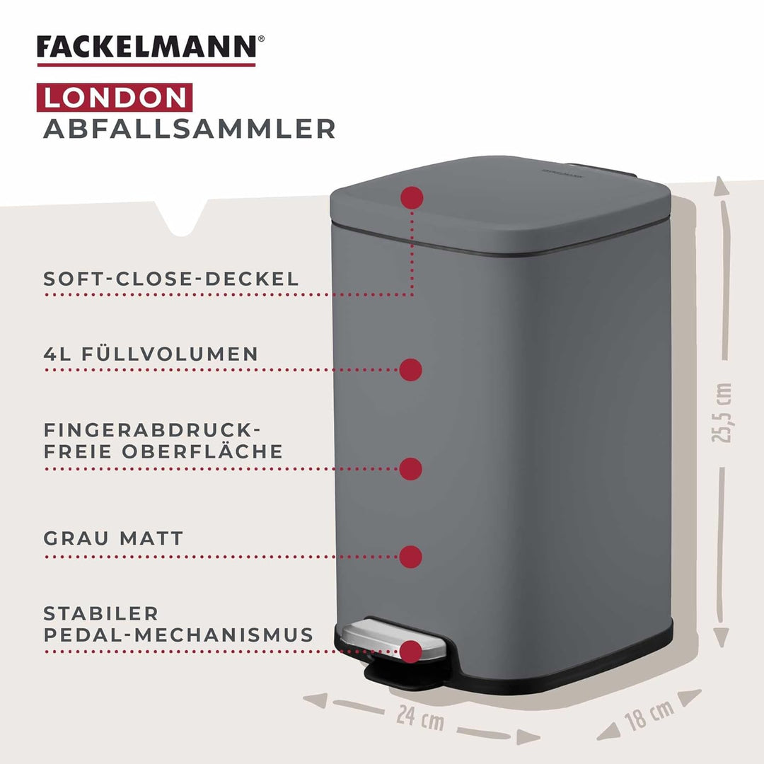 Fackelmann LONDON Pedal-Abfallsammler 4L – Stilvolles Design in Dunkelgrau, Mit gedämpftem Deckel un