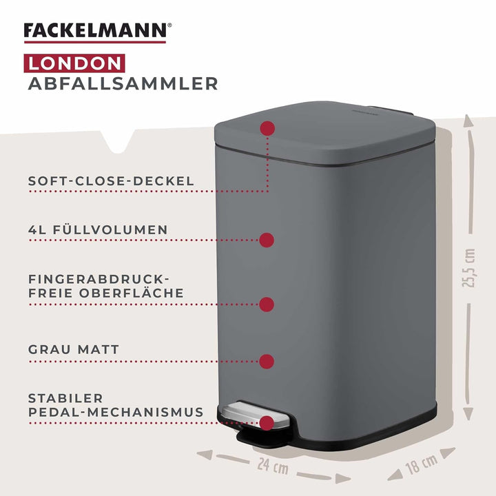 Fackelmann LONDON Pedal-Abfallsammler 4L – Stilvolles Design in Dunkelgrau, Mit gedämpftem Deckel un