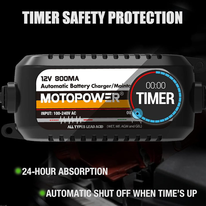 MOTOPOWER MP00205C 12V 800mA Automatisches Ladegerät/Maintainer für Autos, Motorräder, ATVs, Wohnmob