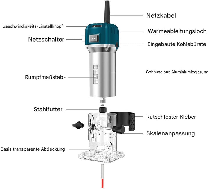Einhandfräse, Holzschneidemaschine, Holzfräse Oberfräse 800W 40000 U/min, 6 Geschwindigkeiten, 6,35m