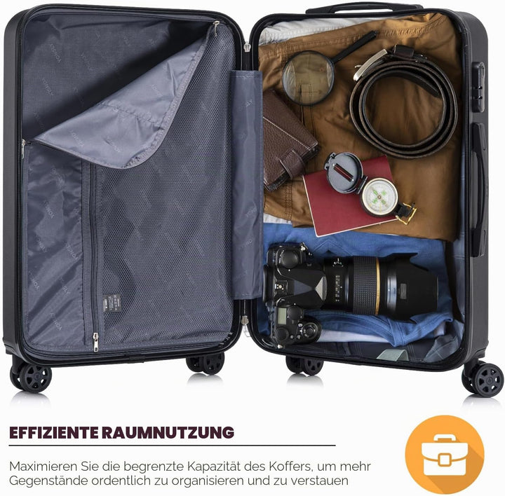 Koffer Suitcase L Schwarz, Trolley Reisekoffer, Rollkoffer Handgepäck mit 4 Rollen 360°, Hartschalen