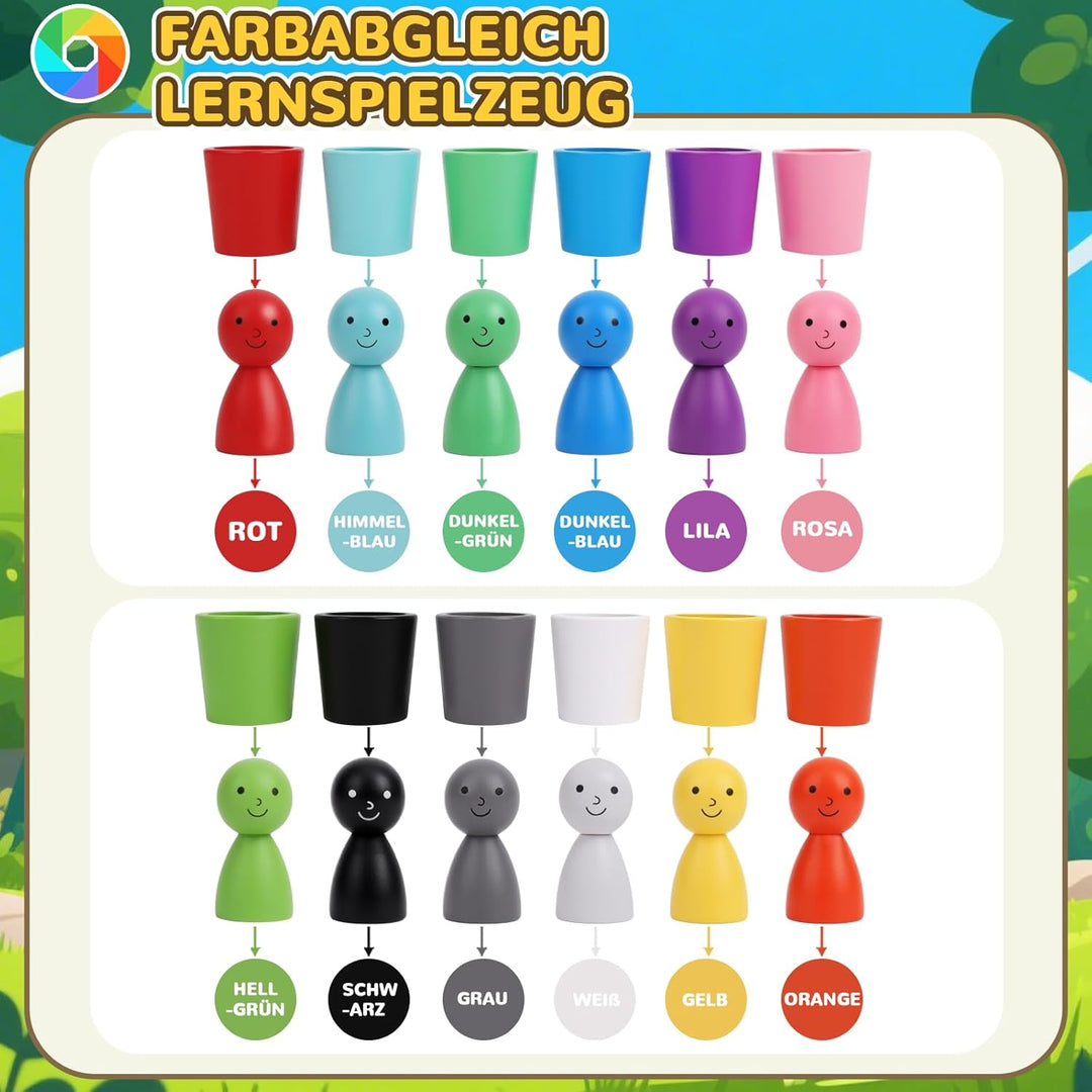 Montessori Spielzeug ab 3 Jahr, Holz Sortier Stapelsteine Spielzeug, 12 Kugeln Regenbogen Holzkugeln