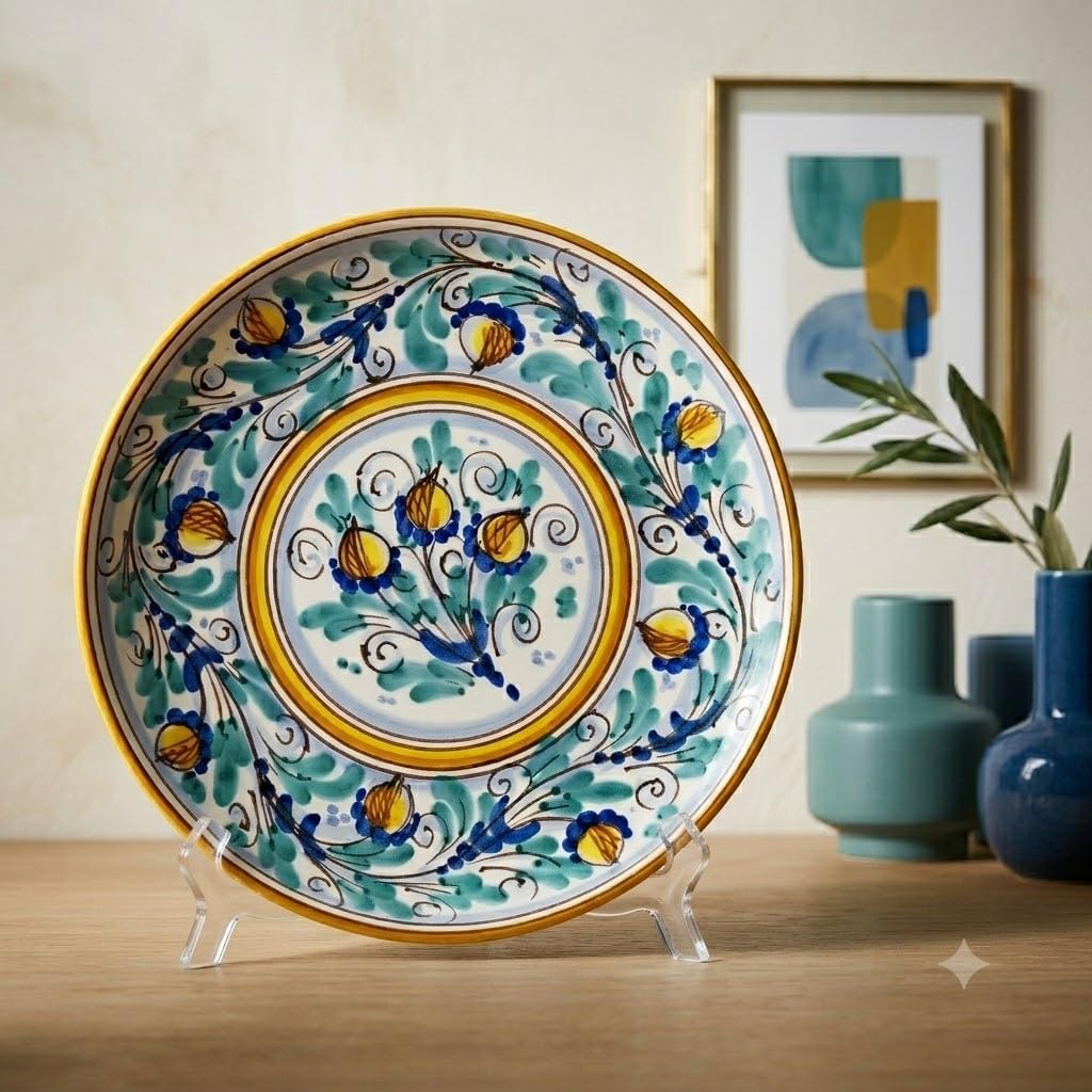 Dekorativer dekorativer Wandteller Ø 30 cm gelb aus sizilianischer Keramik von Caltagirone, verziert