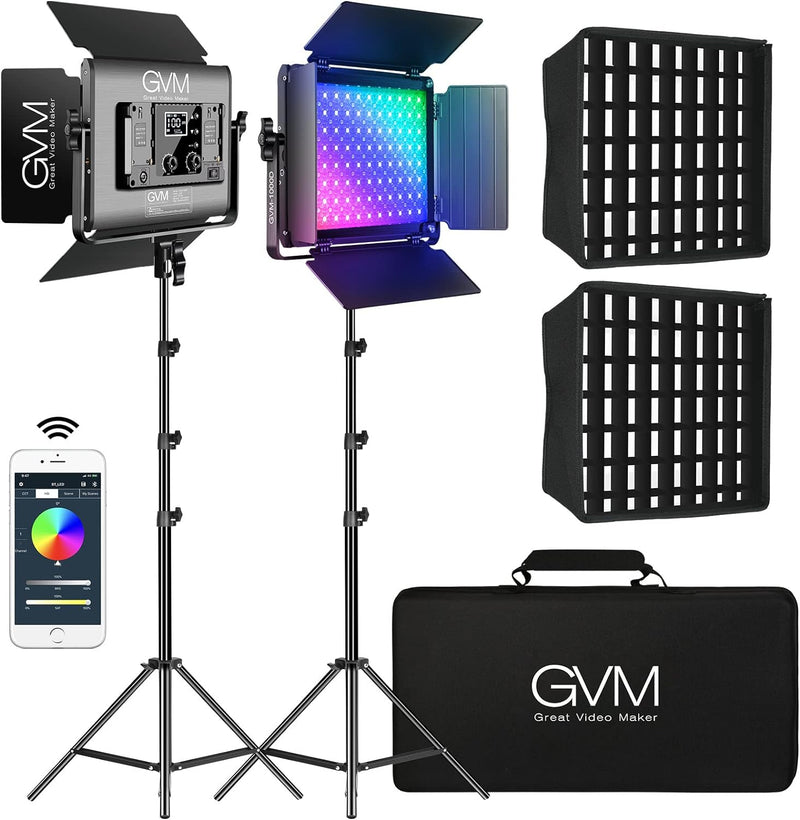 GVM 1000D RGB LED Videoleuchte mit Softbox, APP Steuerung LED Videobeleuchtung mit Stativ, 3200K-560
