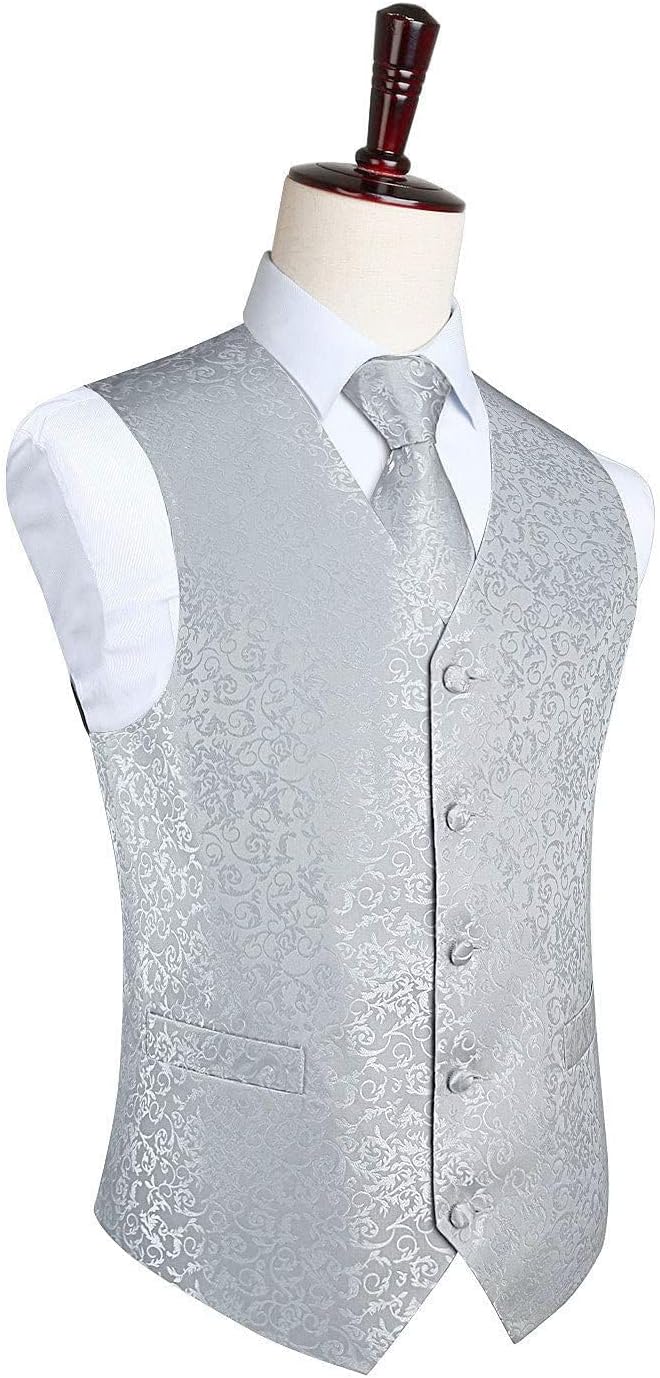 HISDERN Herren FLoral Hochzeit Weste Krawatte Einstecktuch Taschentuch Jacquard Weste Anzug Set L Si