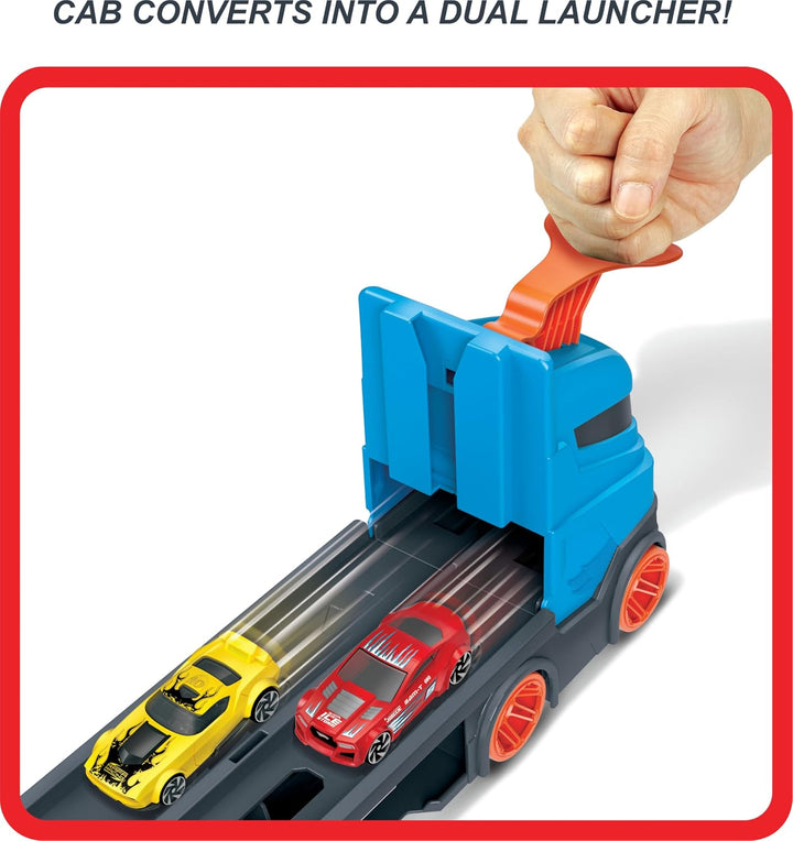 Hot Wheels 2:1 Autorennbahn zu Transporter, inkl. 3 Spielzeugautos, mit Doppelstarter, Auslösefunkti