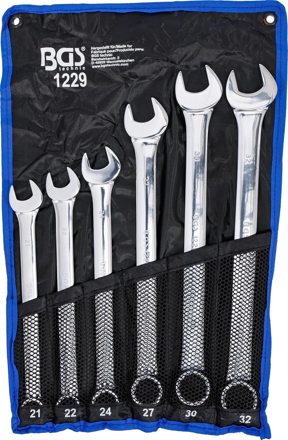 BGS 1229 | Maul-Ringschlüssel-Satz | 6-tlg. | extra lang | SW 21 - 32 mm | inkl. Tetron-Rolltasche |