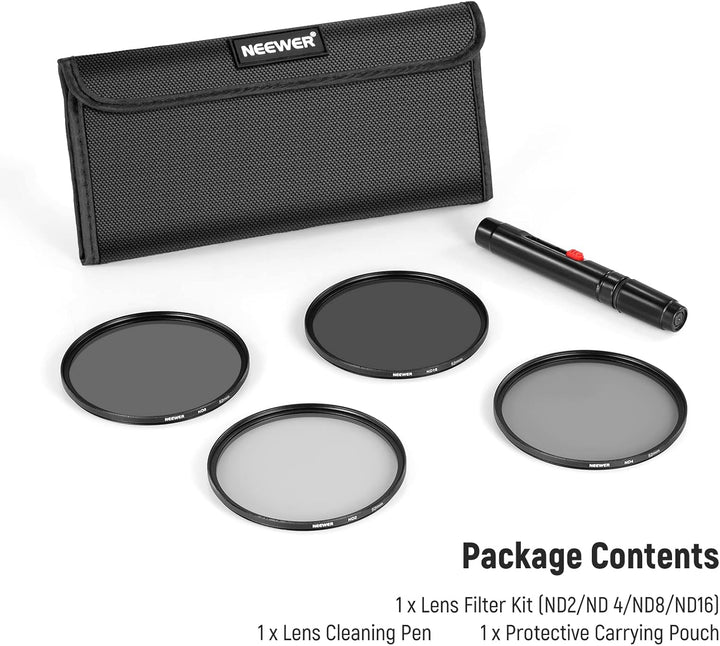 NEEWER 52mm ND Filter Set ND2 ND4 ND8 ND16, Objektivreinigungsstift, Filterbeutel, Graufilter Set, k