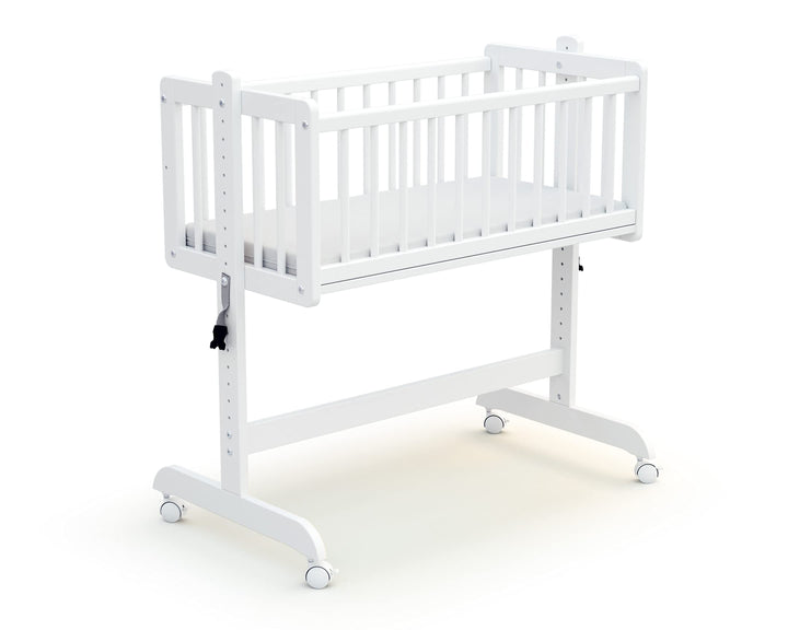 AT4 - Wiege Babybett Beistellbett Holz mit Matratze Essentiel Weiss | 5 in 1 Wiege |MassivHolz | Höh