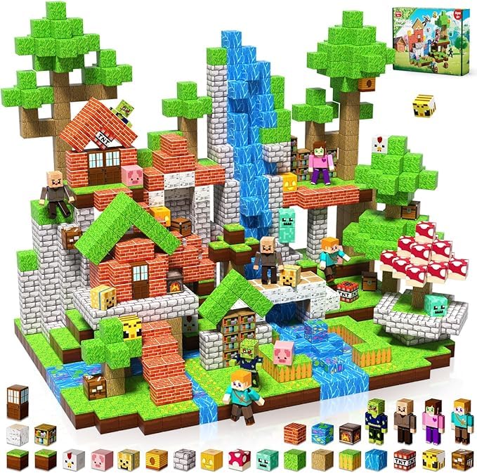 Magnetische Bausteine 164 Stück Magnetbausteine im Magischer Wald Abenteuer Set mit 4 Figuren, Pilzh