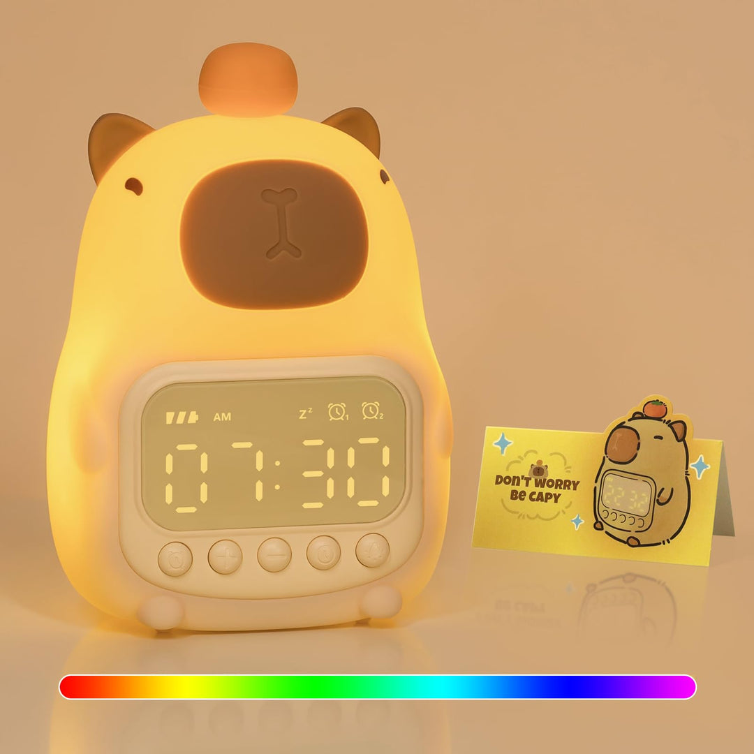 Yiliaw Capybara Wecker mit Nachtlicht für Kinder, 7 RGB-Farben Süsse Wecker für Schlafzimmer, Ok to