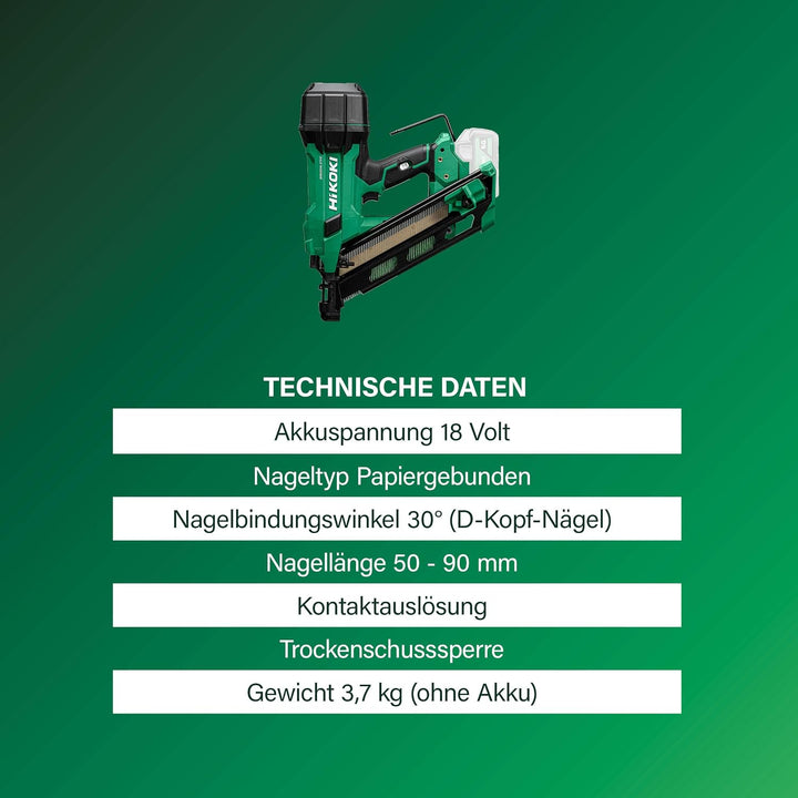 HiKOKI Akku-Streifennagler 34° - 18 V, 50-90 mm Nägel - Kompakt, leicht, leistungsstark, LED-Licht,