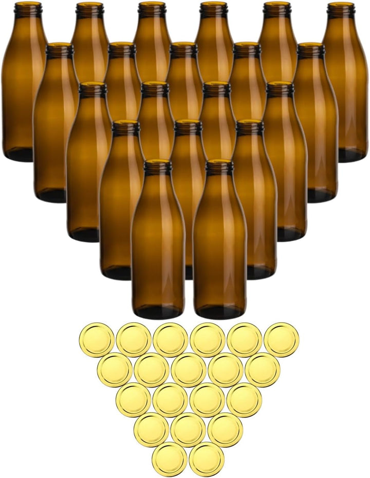 gouveo 20er Set Saftflasche 1000 ml Antik mit Schraubdeckel goldfarben - Braune Glasflasche 1 Liter