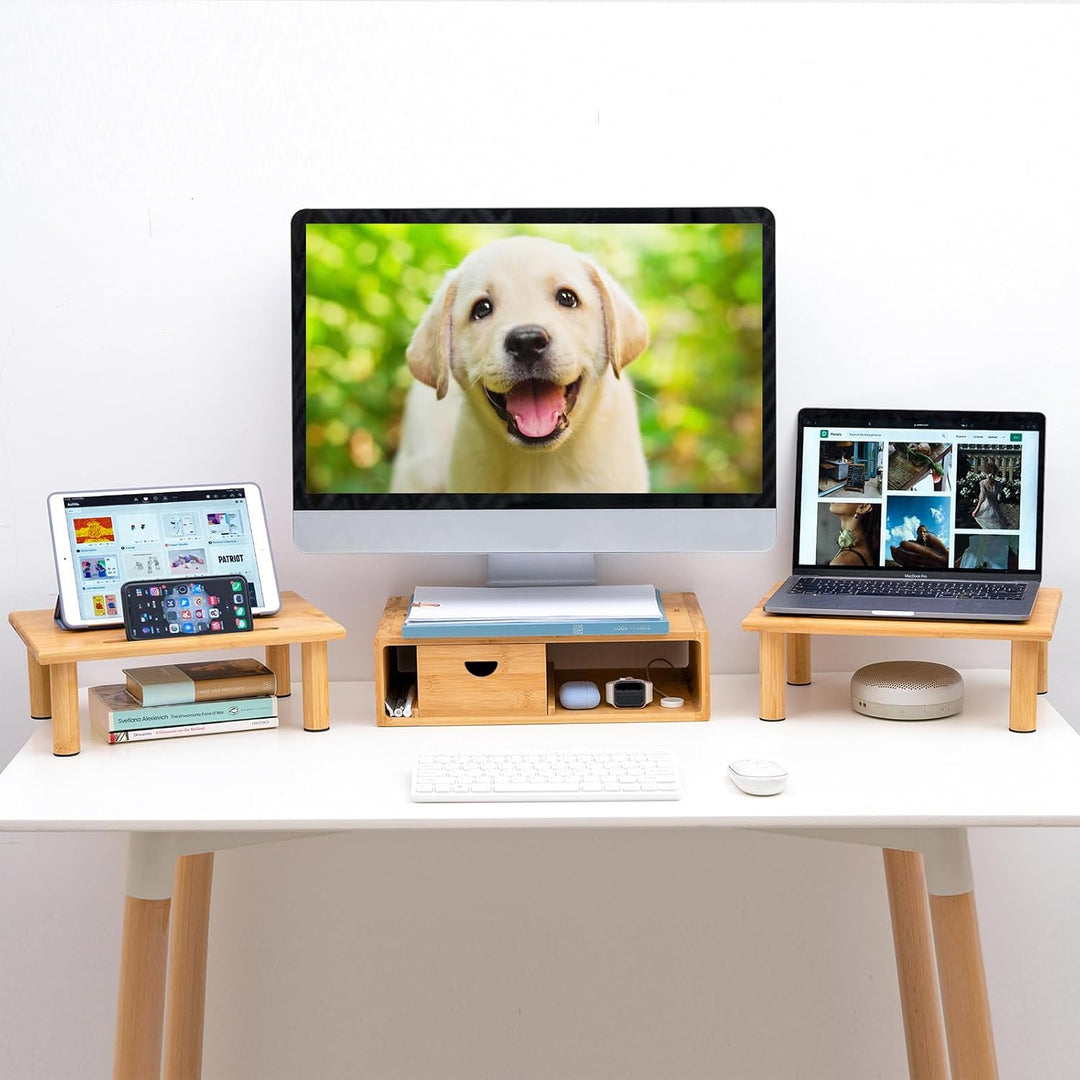 ROCDEER Bamboo Dual Monitor Regal für 2 Monitore, Monitor Stand Riser, darunter Lagerung für Schreib