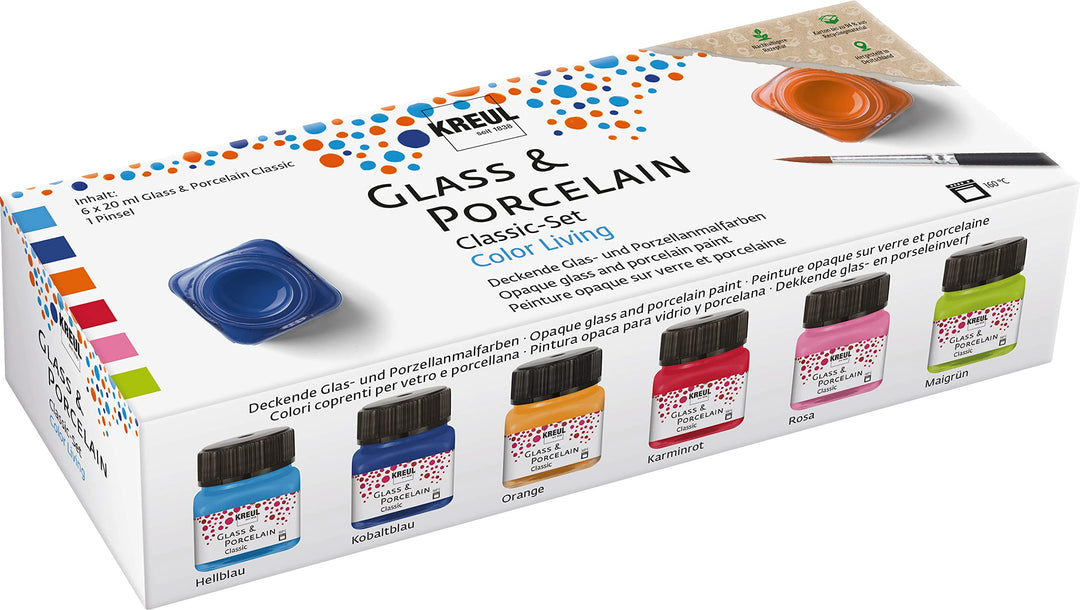 KREUL 16604 - Glass & Porcelain Classic Set Color Living, 6 x 20 ml Farbe und ein Pinsel, fröhliche