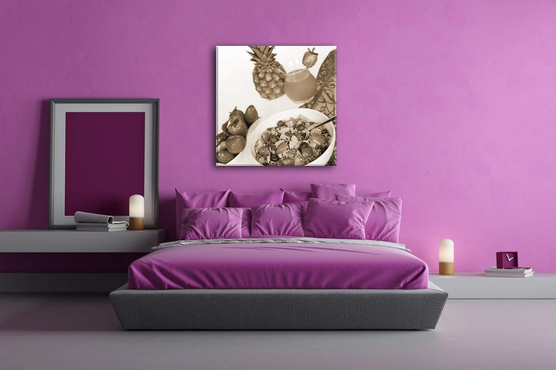 deyoli gesundes Müsli mit Obst im Format: 60x60 Effekt: Sepia als Leinwandbild, Motiv auf Echtholzra