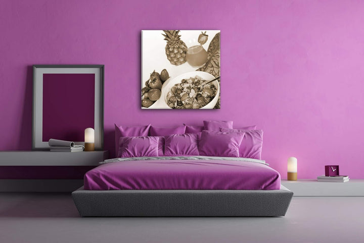 deyoli gesundes Müsli mit Obst im Format: 60x60 Effekt: Sepia als Leinwandbild, Motiv auf Echtholzra