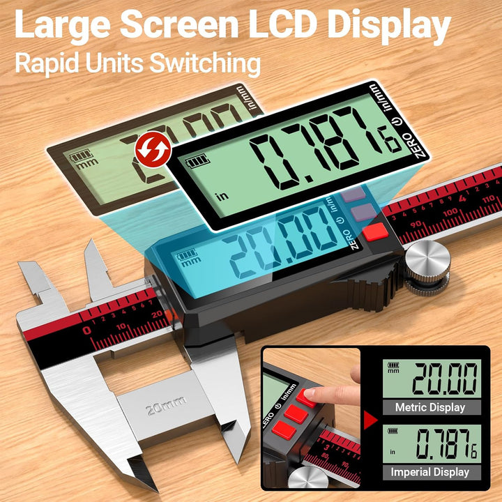 Wiederaufladender digitaler Messschieber 200MM/8 Zoll, Messschieber mit LCD-Bildschirm, Zoll/MM, Ede