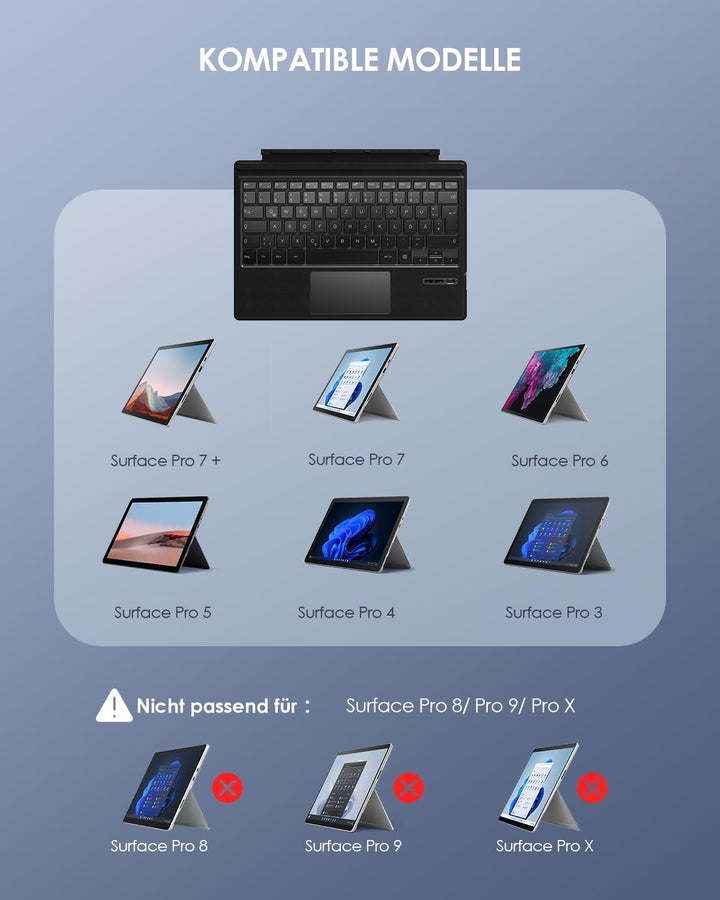 Qulose Surface Pro Tastatur für Microsoft Surface Pro 7 Plus/Pro 7/Pro 6/Pro 5/Pro 4/Pro 3, Kabellos