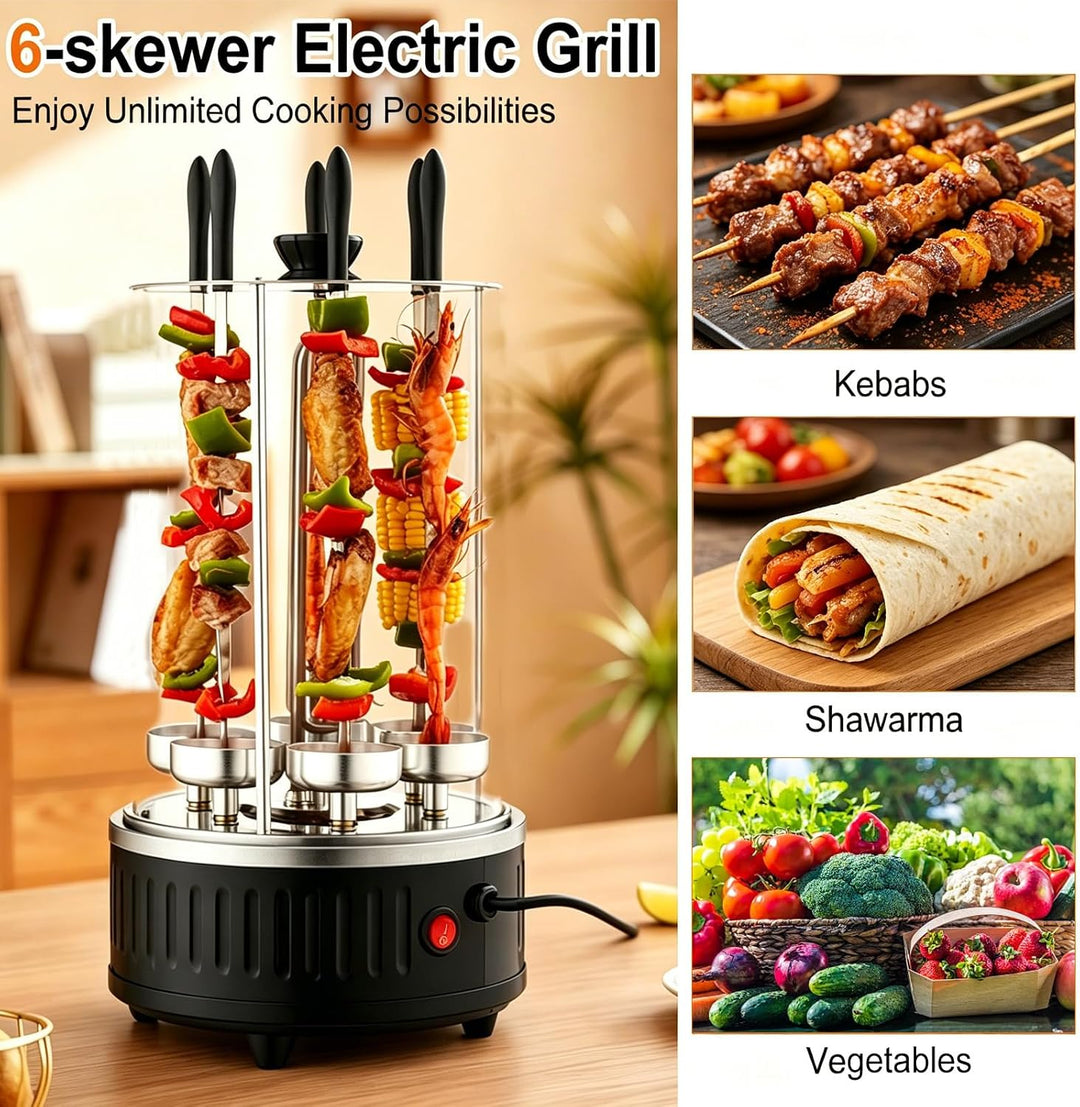 Vertikaler Elektrogrill, 1000W Vertikalgrill Dönergrill mit 6 Spiesse | Elektrischer BBQ Tischgrill