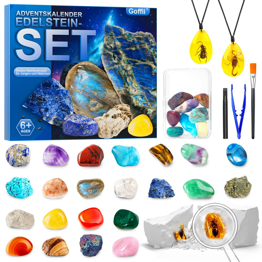Adventskalender 2024 für Kinder, Excavation Set for Children, Natural Gemstones and Crystals, Minera