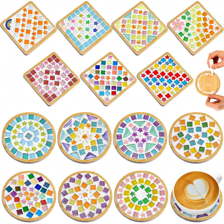 OGMBI 14er Set Mosaik Bastelset Untersetzer, DIY Mosaiksteine Untersetzer Set Mit Glasfliesen & Holz