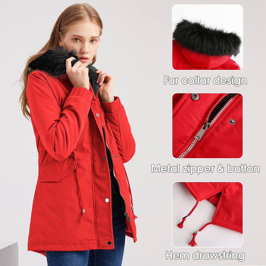 Tuopuda Winterjacke Damen Lang Wintermantel Warm Winter Jacke mit Kapuze Reissverschluss Parka Fleec