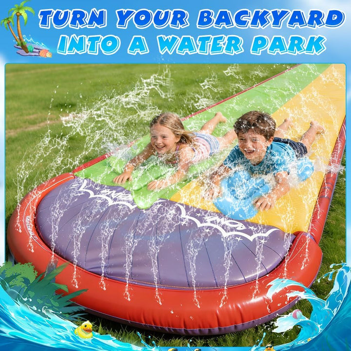 Wasserrutsche Garten für Kinder, 19.7ft/600cm Wasserrutsche mit 2 Bodyboard, Doppelrutsche Wasserrut
