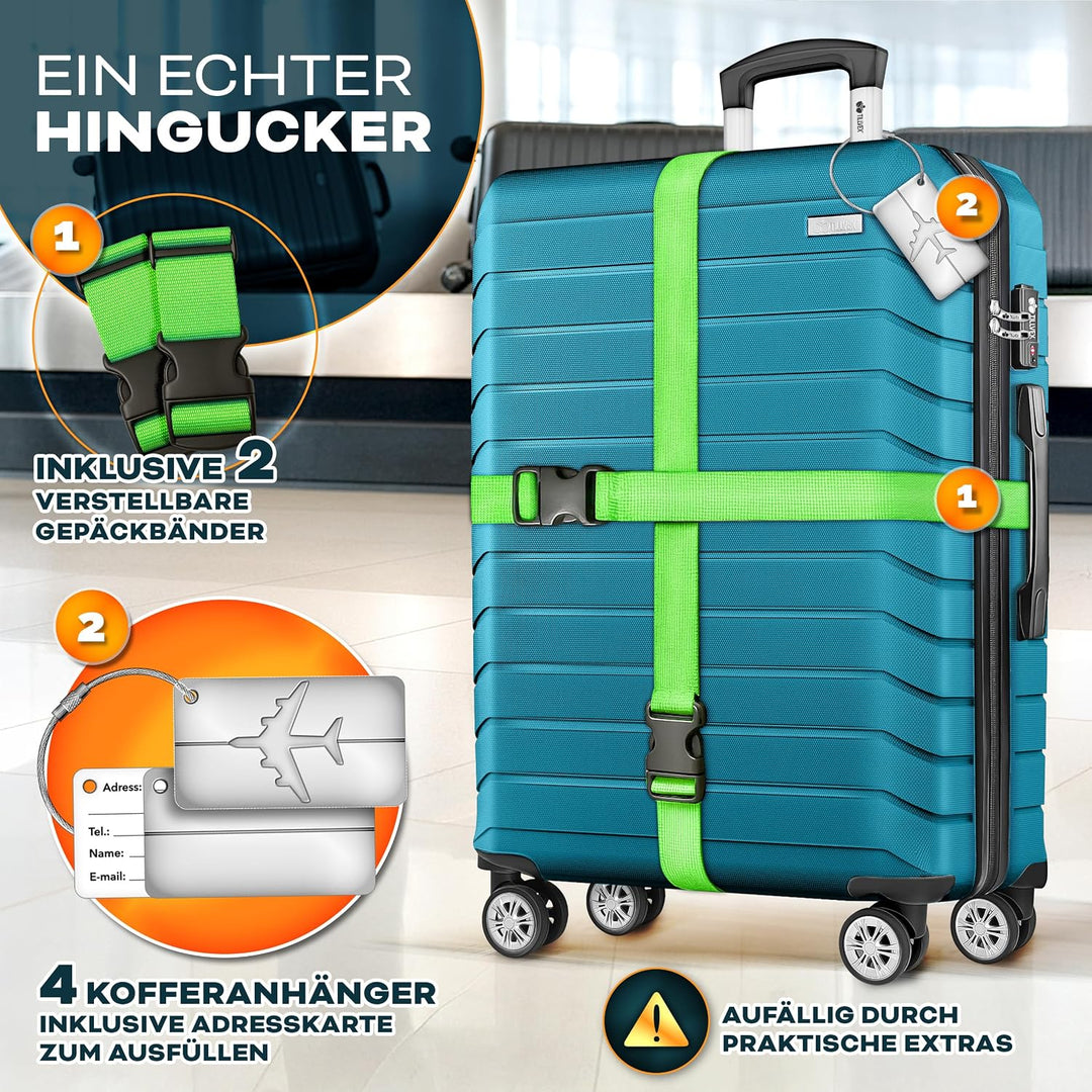 tillvex® Reisekoffer Set 4-teilig + Gepäckwaage, 8X Koffergurte &amp; 4X Kofferanhänger | Kofferset 4 Ro