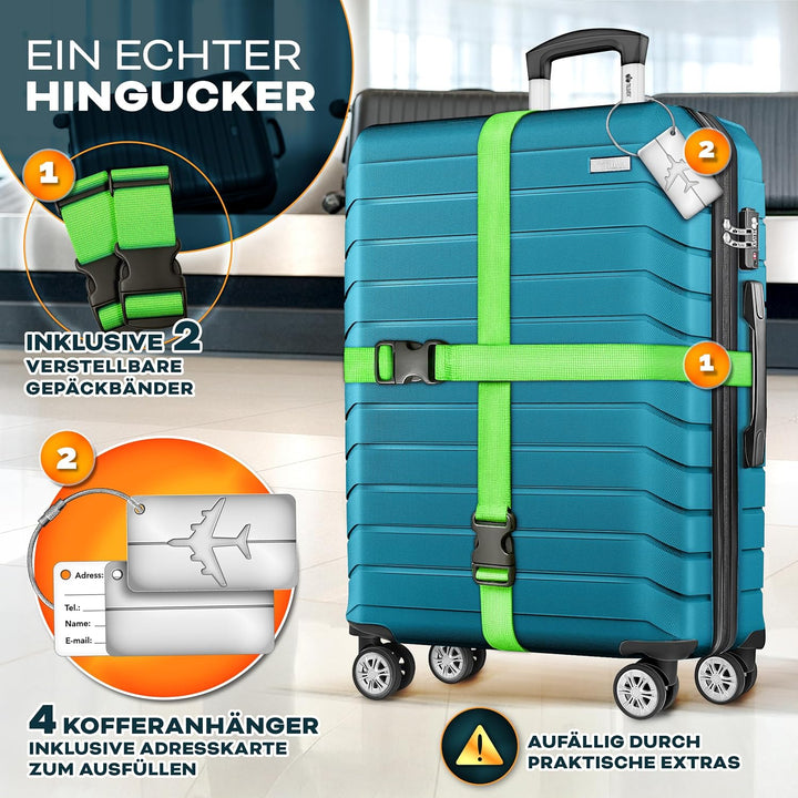 tillvex® Reisekoffer Set 4-teilig + Gepäckwaage, 8X Koffergurte &amp; 4X Kofferanhänger | Kofferset 4 Ro