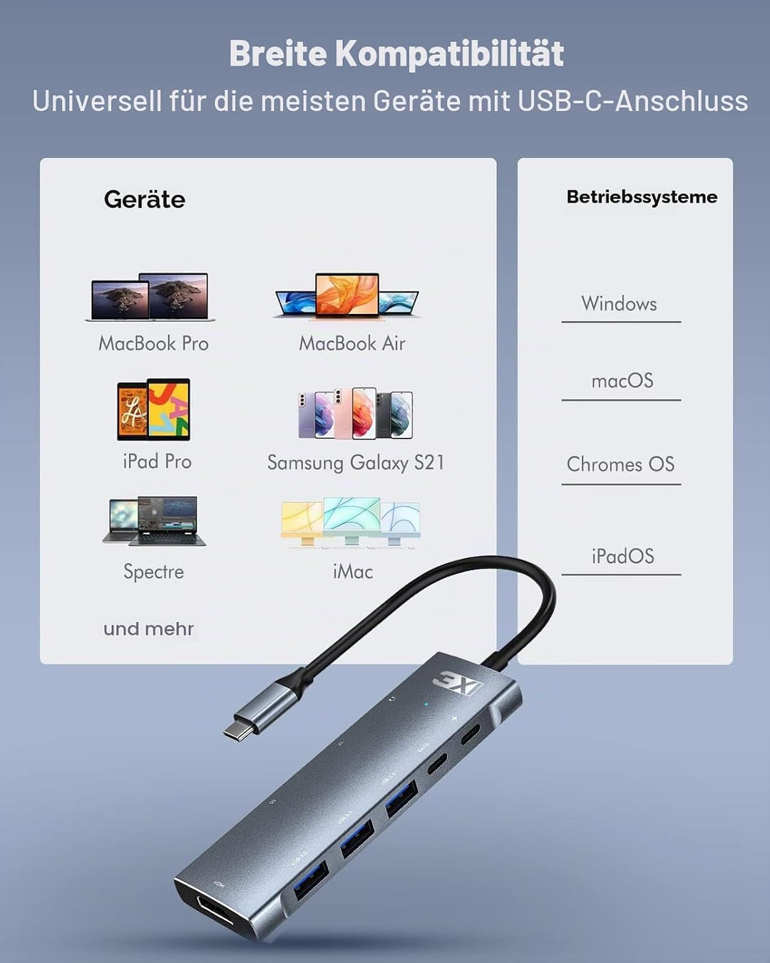 3XI USB C Hub 9in1 Typ C Adapter mit 4K HDMI,3 USB3.0, 100W PD, SD/TF Kartenleser,USB-C 5Gbps Datena