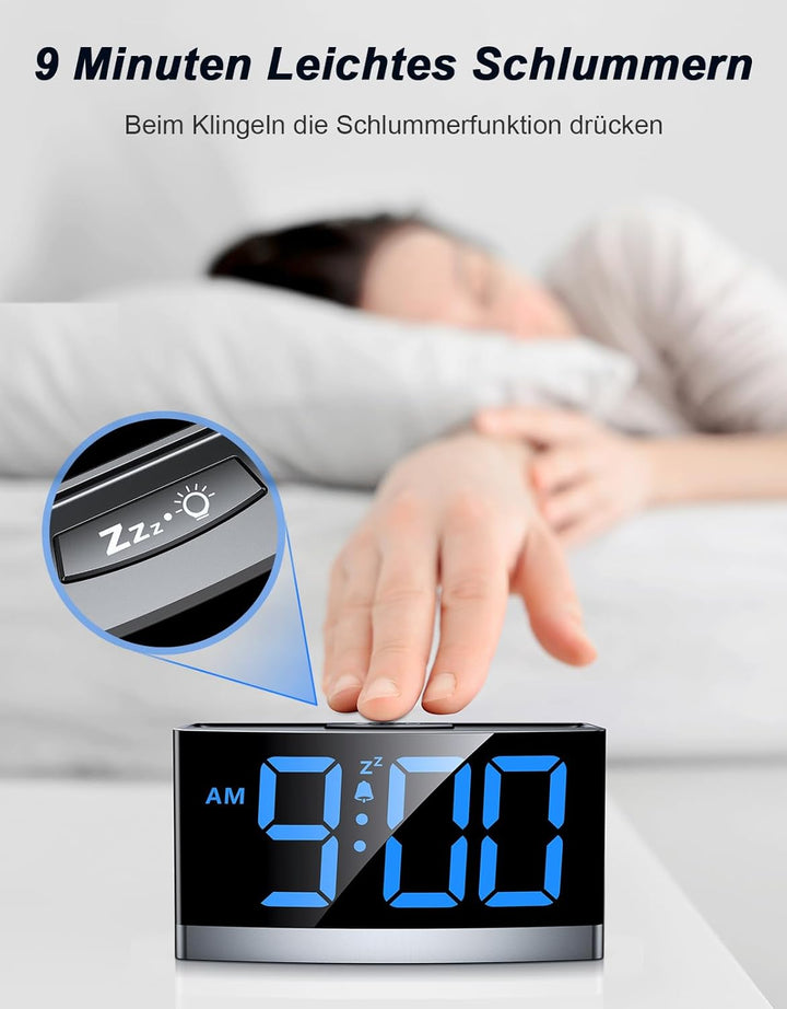 Rolgno Wecker Digital, Nachttisch Uhr mit Auffallenden Blauen LED-Ziffern, Alarm Clock für Tiefschlä