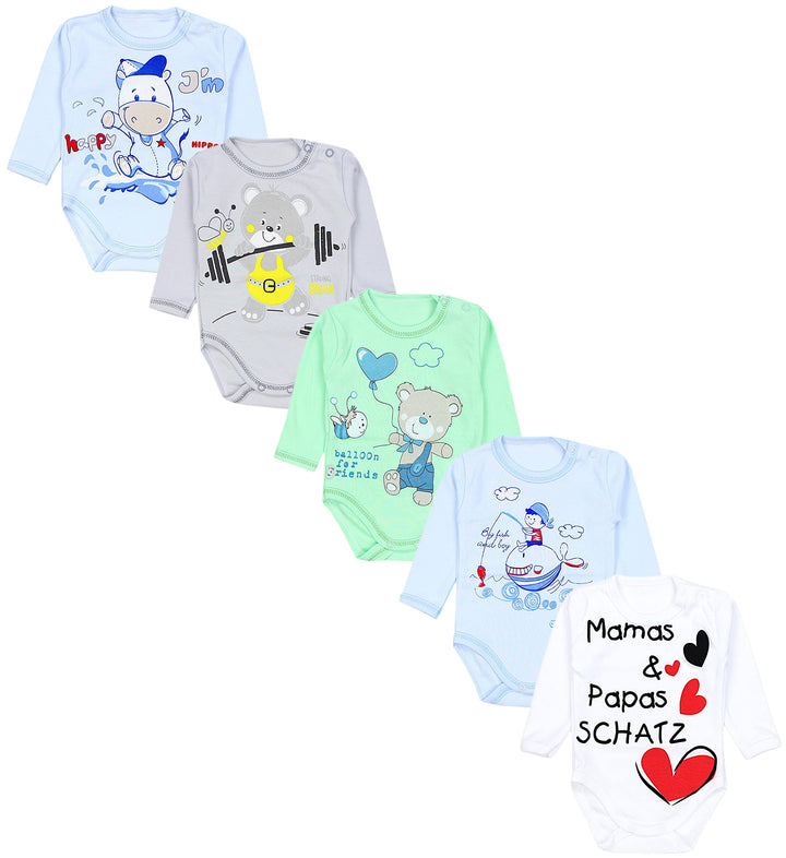 TupTam Unisex Baby Langarm-Body mit Aufdruck 5er Set 56 Mamas Papas Schatz Weiss Bärchen Blau Grün,