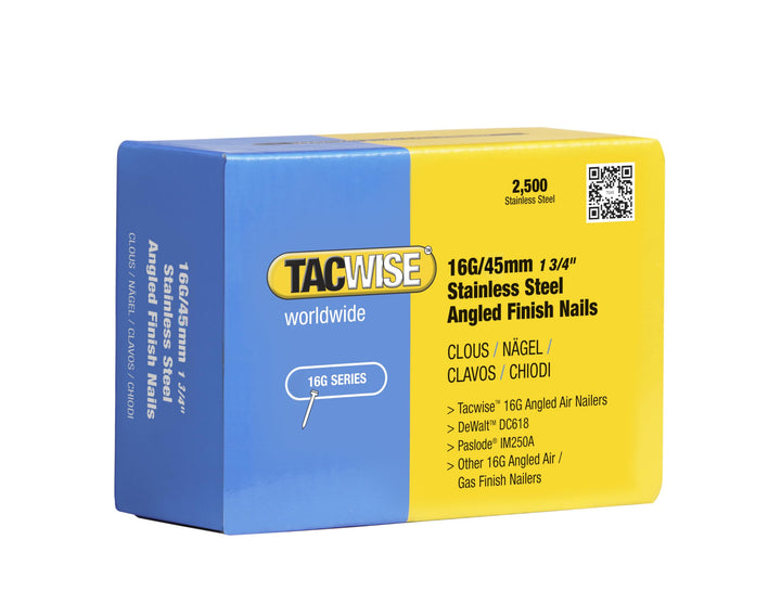Tacwise Edelstahl-Nägel Gewinkelt 16G/45 mm, 2500 Stück, 0369, silber 2500 stück (1er Pack), 2500 st
