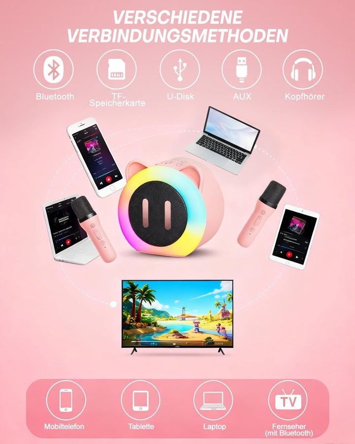 Kinder Karaoke Maschine mit 2 Bluetooth Mikrofonen, 5 Stimmverzerrer-Effekten, RGB Partylicht, Tragb