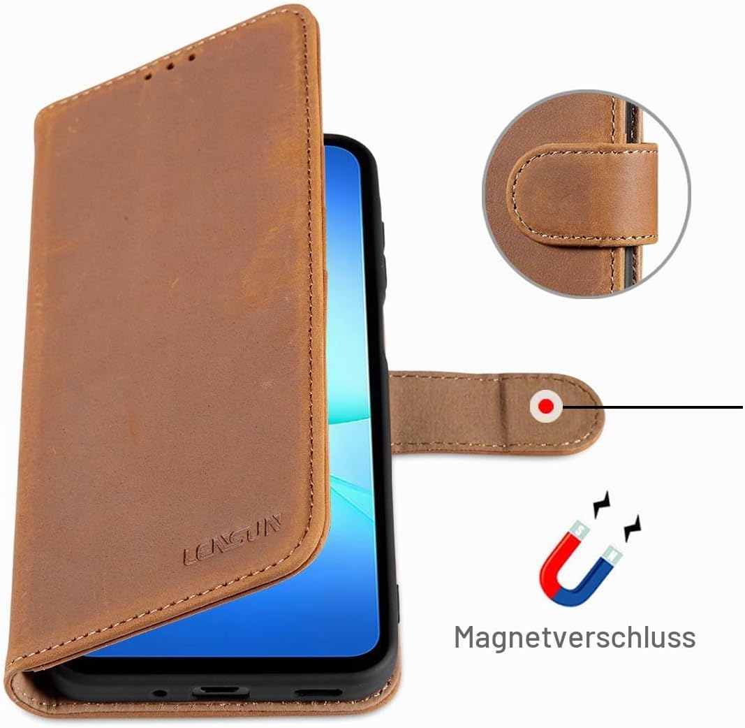 LENSUN Lederhülle für Samsung Galaxy A17 5G, Echtleder Hülle [Kartenfach][RFID Schutz][Echtes Leder]