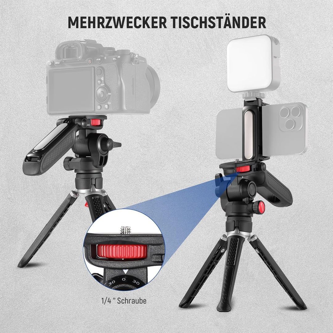 NEEWER Mini Stativ für Kamera & Handy mit Griff/Handyhalter/Action Kamera Adapter/360°Schwenk&Neigew