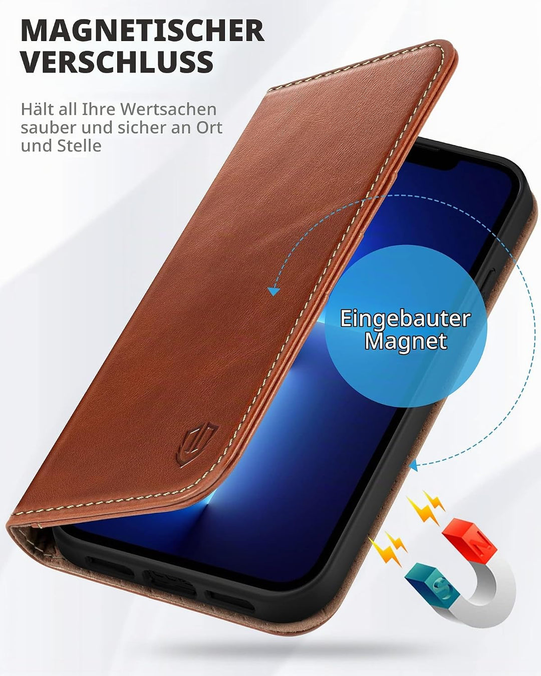 SHIELDON Hülle für iPhone 13 Pro Max Handyhülle TPU [Echtleder] [Kartenfach] [Magnet] [Standfunktion