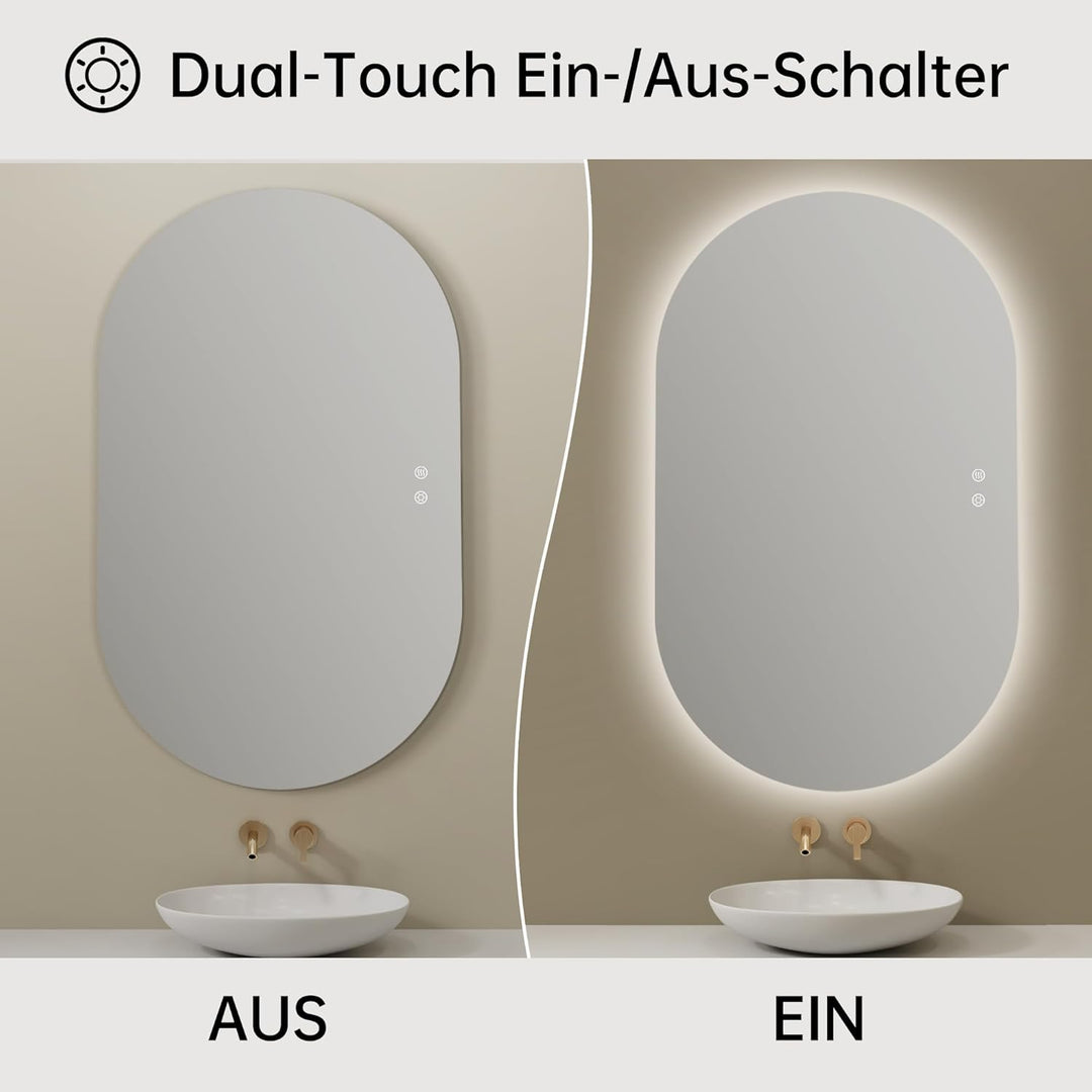 100x60cm LED Badspiegel mit Beleuchtung Oval | Badezimmerspiegel mit Beleuchtung,Beschlagfrei,Touch-
