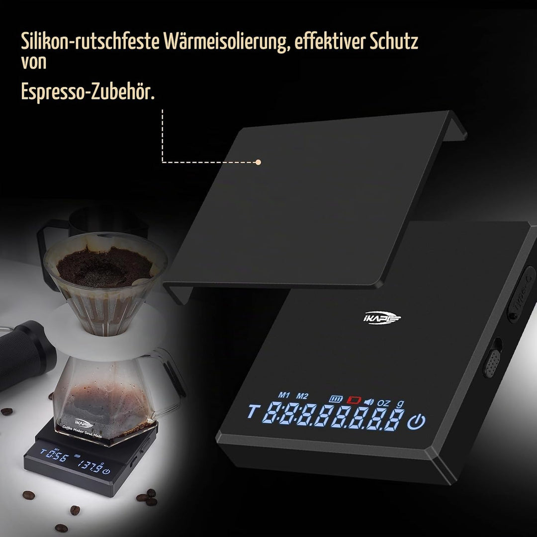 IKAPE Digitale Mini-Kaffeewaage mit Timer – 2 kg / 0,1 g hochpräzise, wiederaufladbare Waage für D