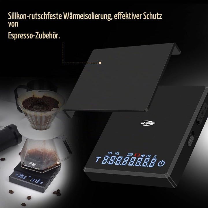 IKAPE Digitale Mini-Kaffeewaage mit Timer – 2 kg / 0,1 g hochpräzise, wiederaufladbare Waage für D