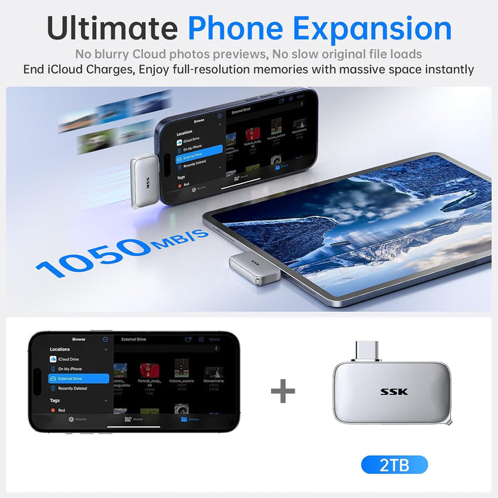 SSK 1TB Externe SSD, USB-C Portable SSD Festplatte Extern bis zu 1050MB/s | USB3.2 Gen2 Plug‑&amp;‑Play,