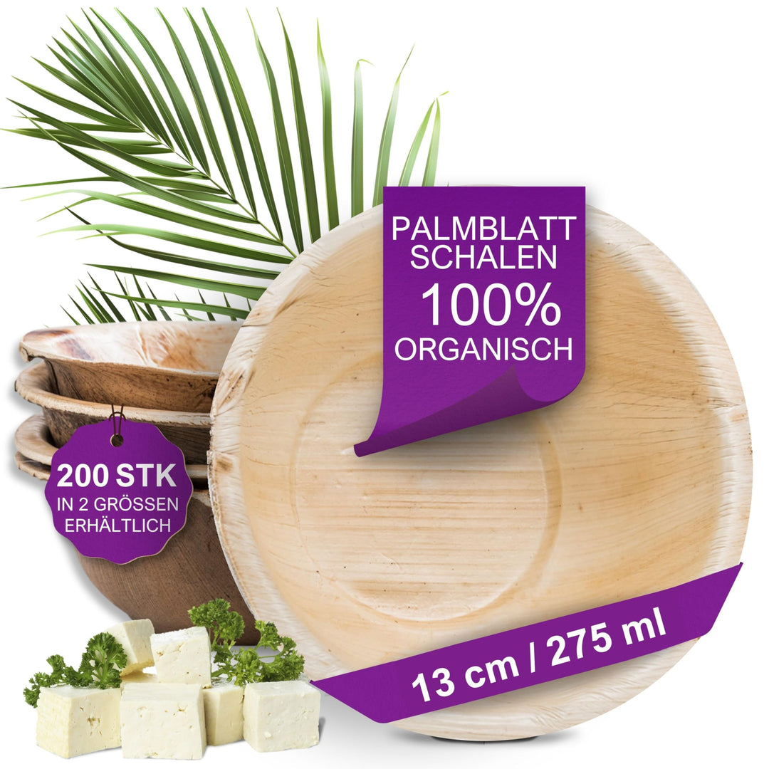 Waipur Bio Palmblattschalen - 200 Schalen Ø 13 cm / 275 ml - Premium Einweg Geschirr kompostierbar -