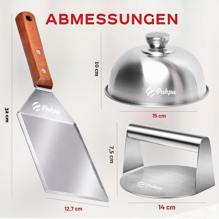 Burgerpresse Smash Burger Set - 3-Teilig Burger Smasher aus Edelstahl mit 1 Grosse Grillspachtel und
