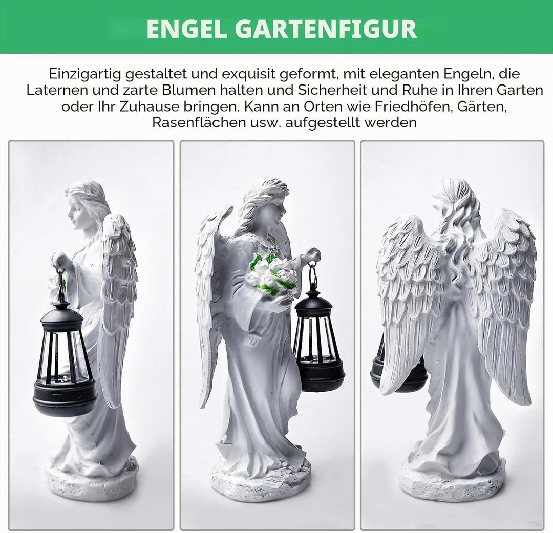 GOMETY Solar Engel Gartenstatuen, Schutzengel-Figur mit LED Solar Laterne, Grablicht Outdoor-Deko, E