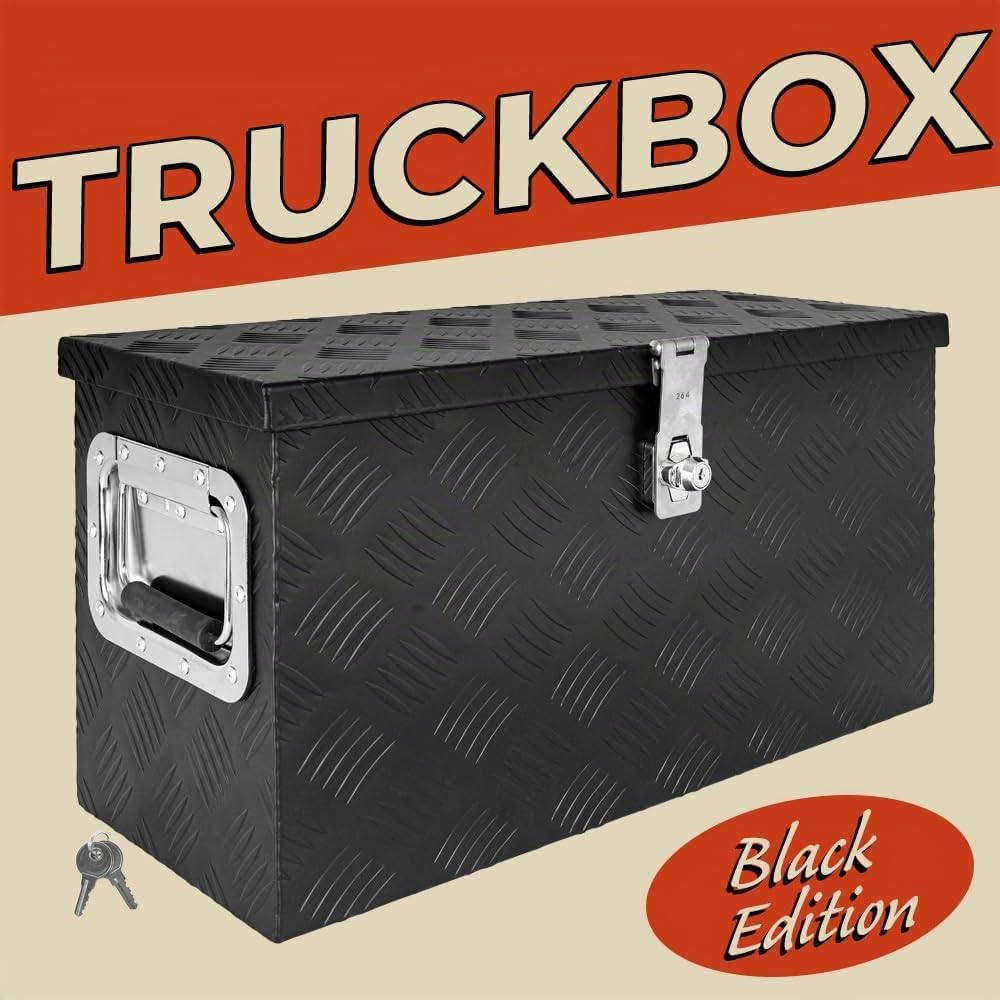 Trucky Truckbox aus Aluminium, in Schwarz, Abschliessbar, Robustes Riffelblech, Für Werkstatt, Auto,