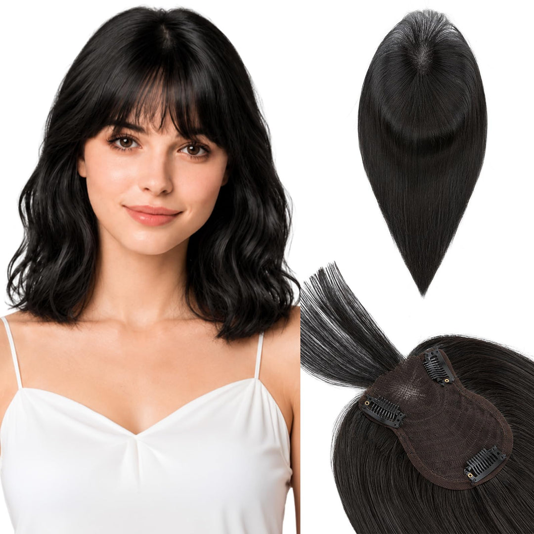 Silk-co Hair Topper Echthaar, 8x11.5cm handgebunden Basis Toupet Damen, Clip in Haarteile mit Spitze
