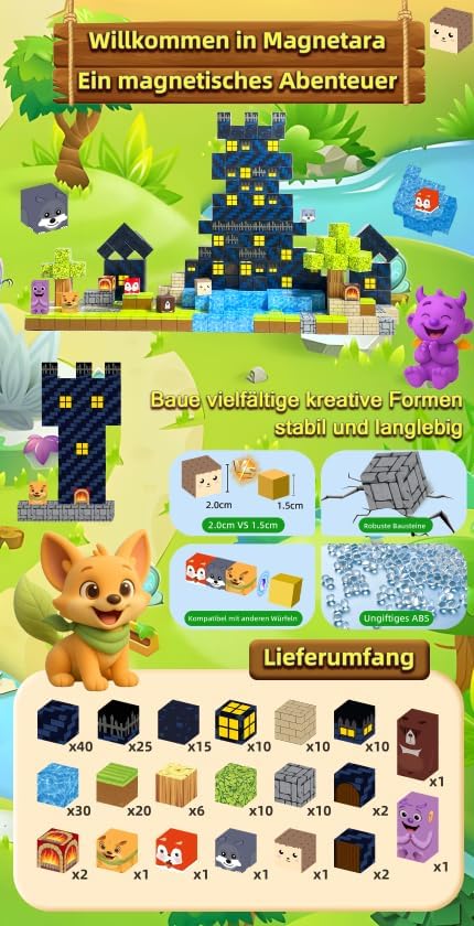 Generisch EMI & Mili Magnetische Bausteine – 200 Teile Konstruktionsspielzeug für Kinder ab 3 Jahren